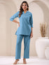 Light Blue Cotton Blend Solid Straight Pant